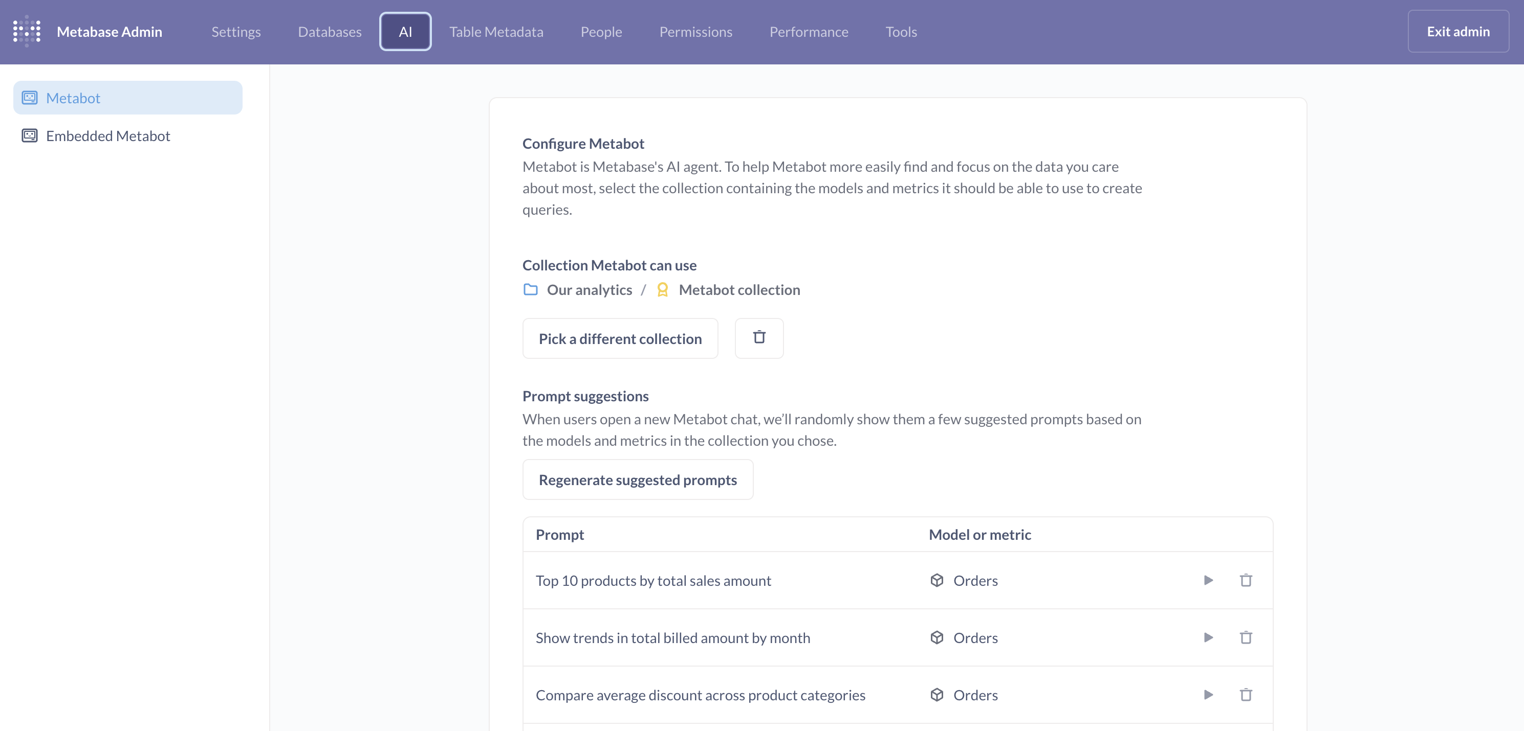 Admin settings for AI Metabot