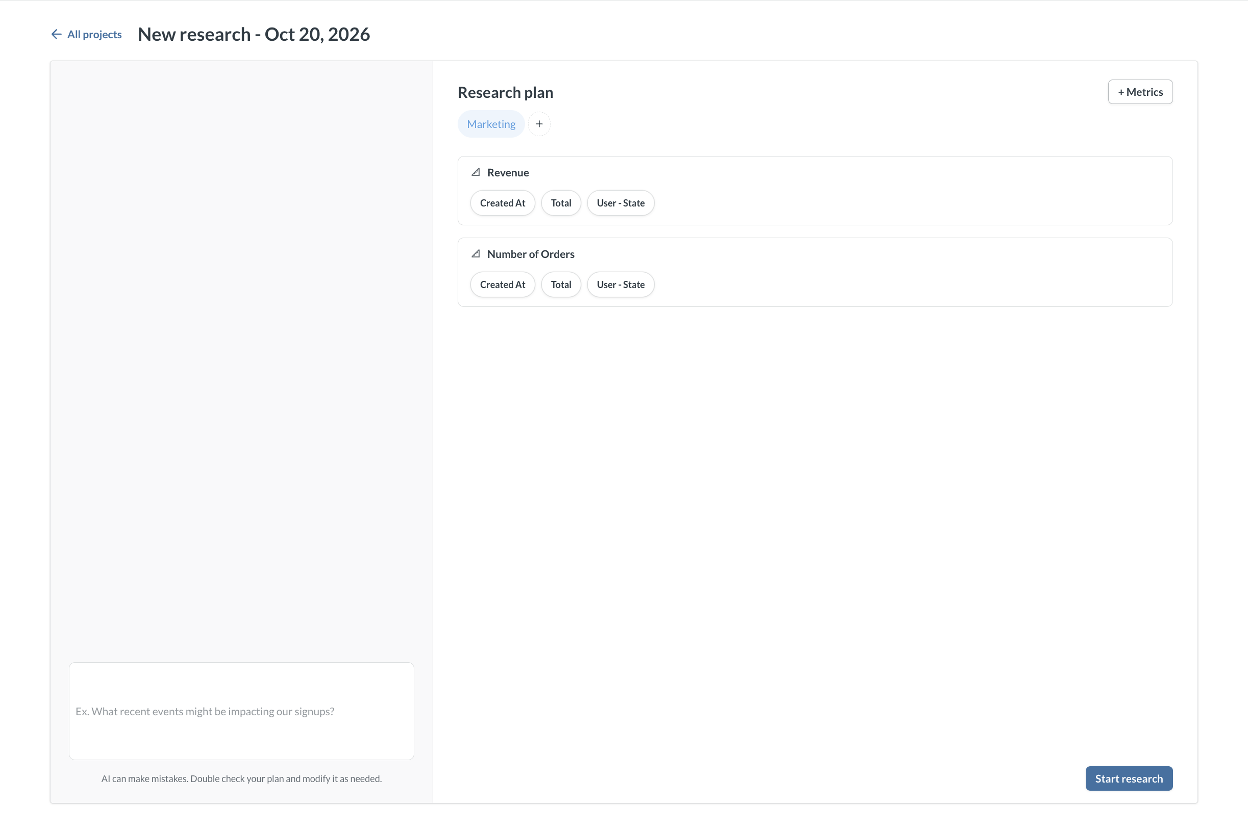 A manually built Research plan with two metrics and a timeline