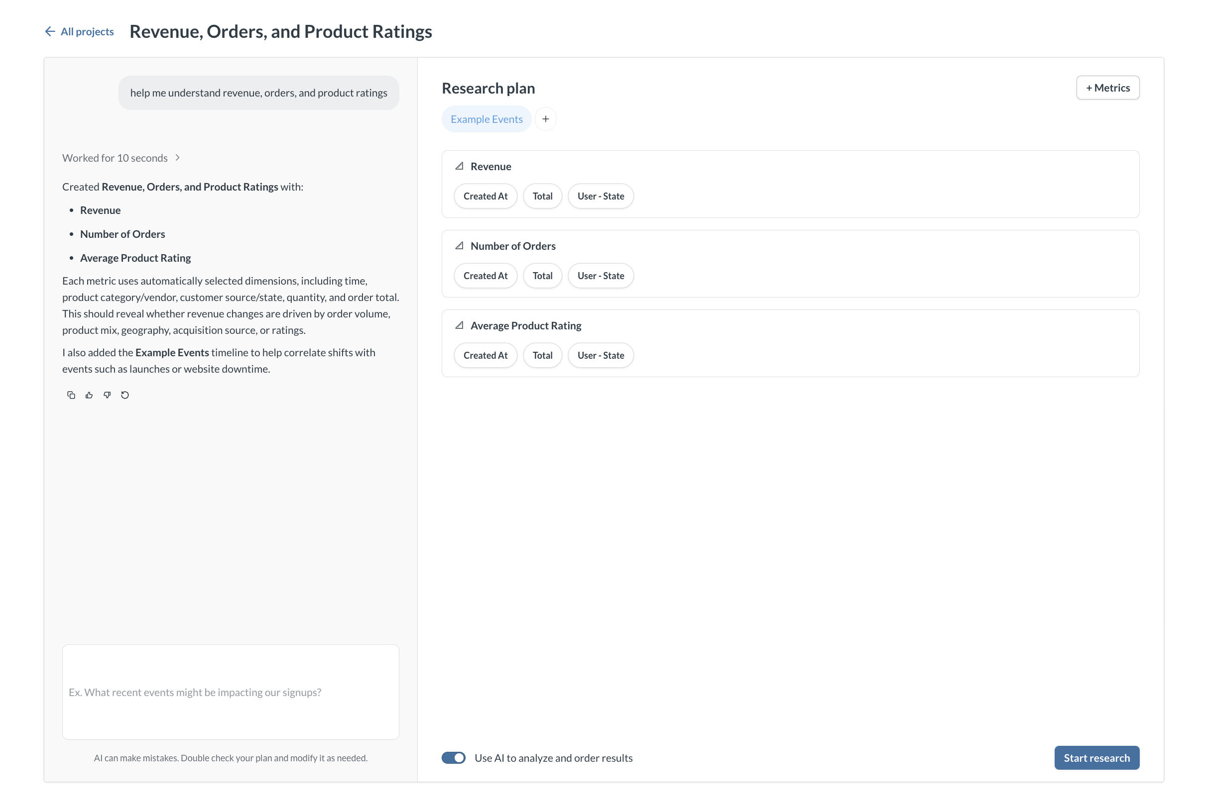 A Research plan created from a prompt, with three metrics, their dimensions, and a timeline