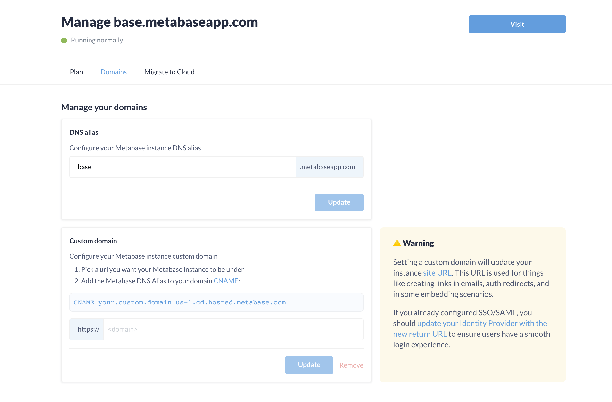 Metabase instance domains tab