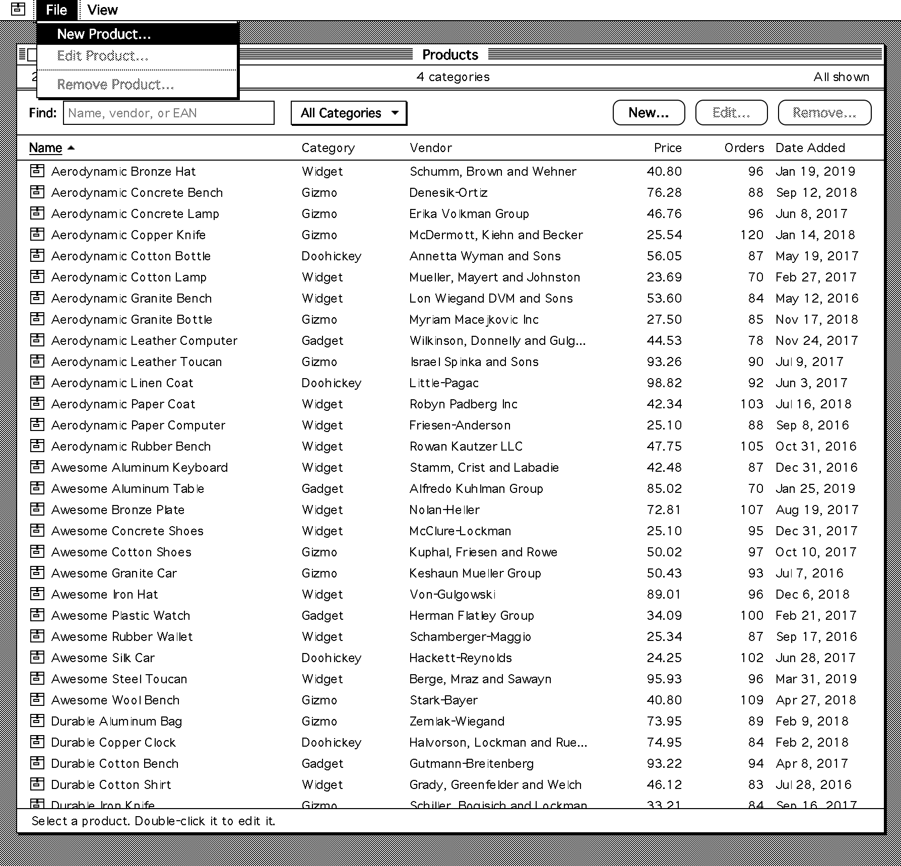A data app styled like a retro black-and-white desktop app, with a File menu and a table of products