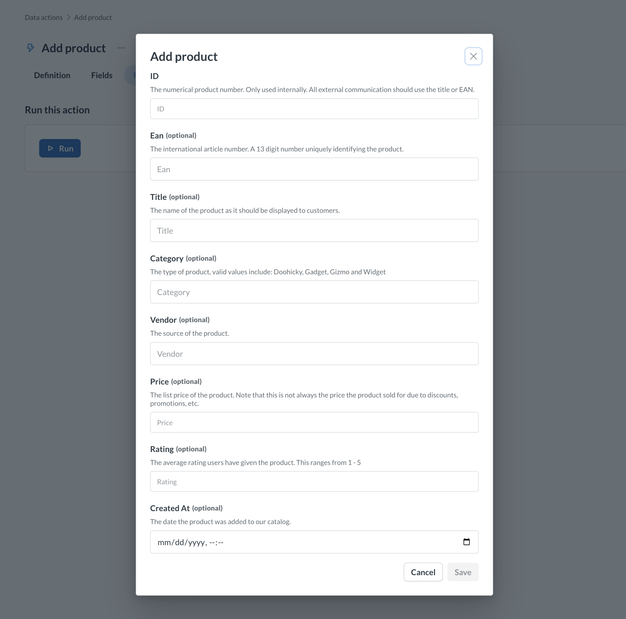 The form for the Add product action