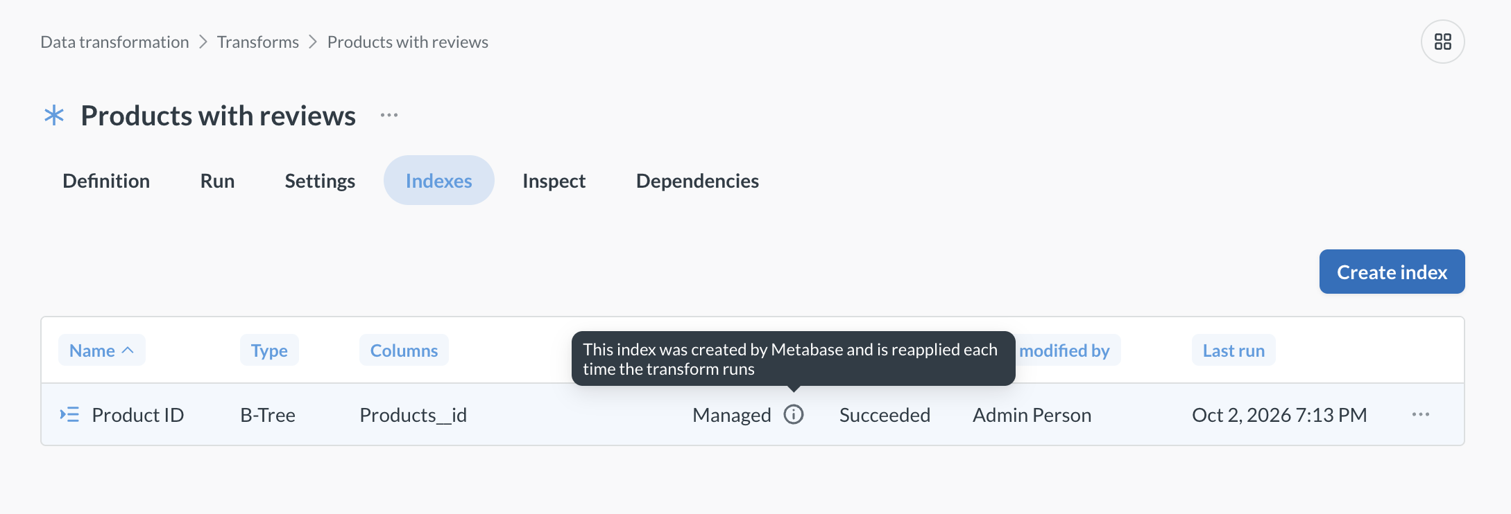 Transform indexes tab