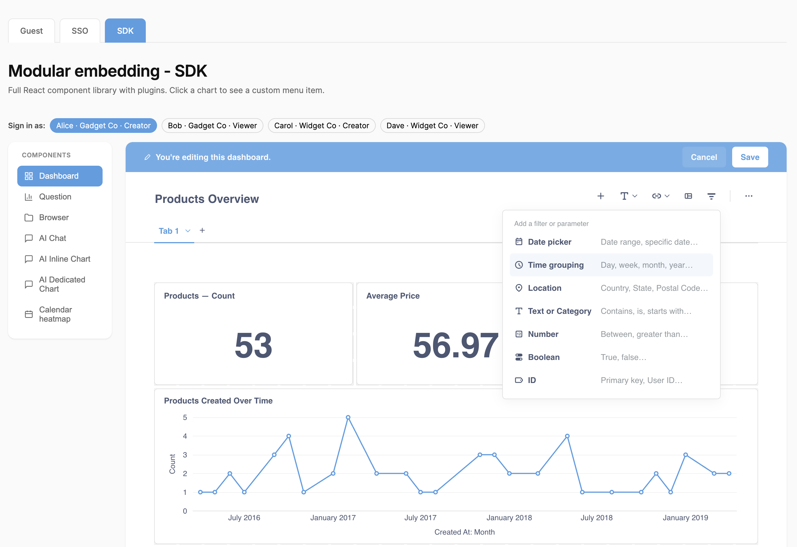 Editable embedded dashboard in edit mode
