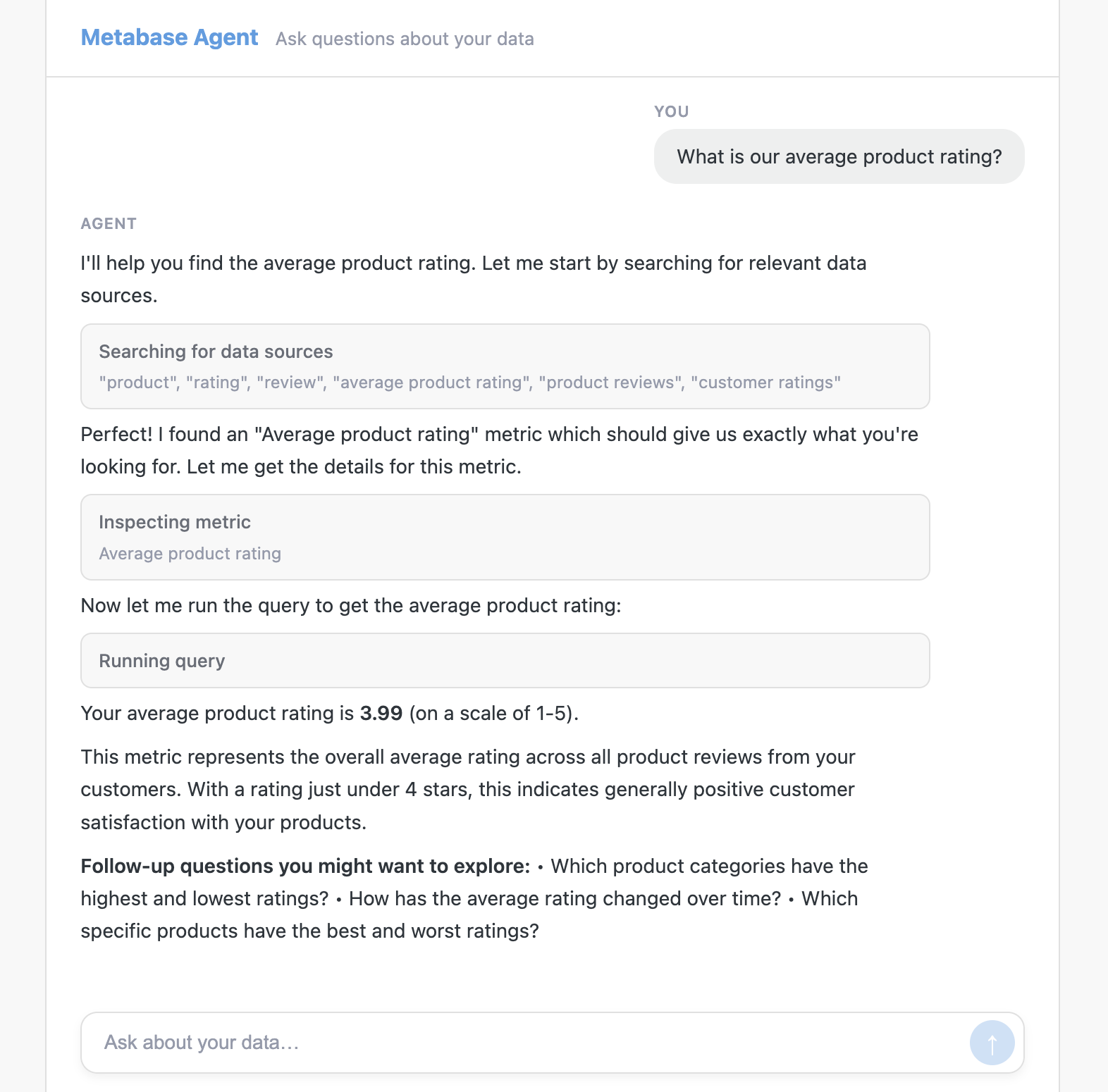 Metabase Agent chat answering a product rating question