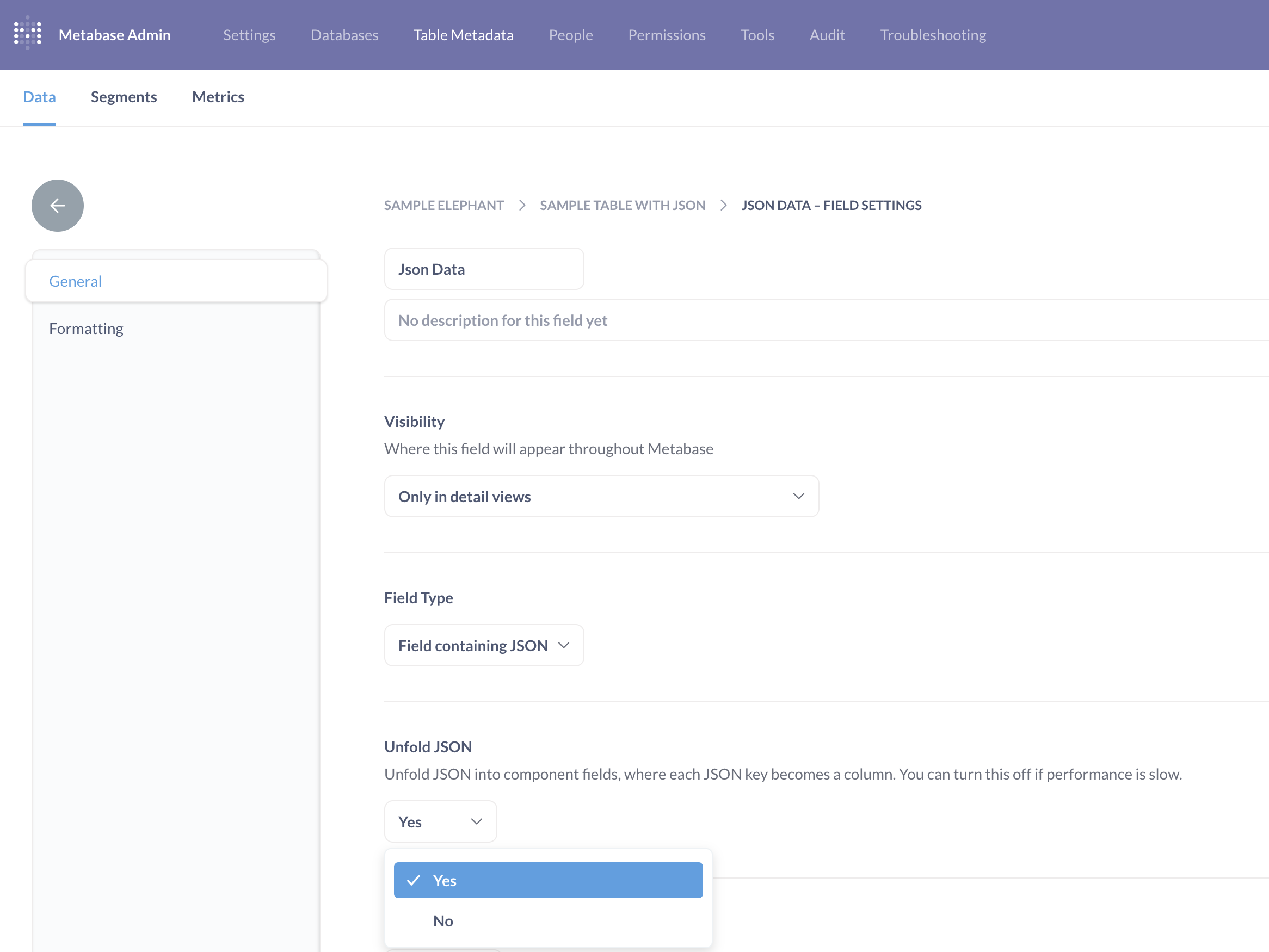 Unfolded JSON setting