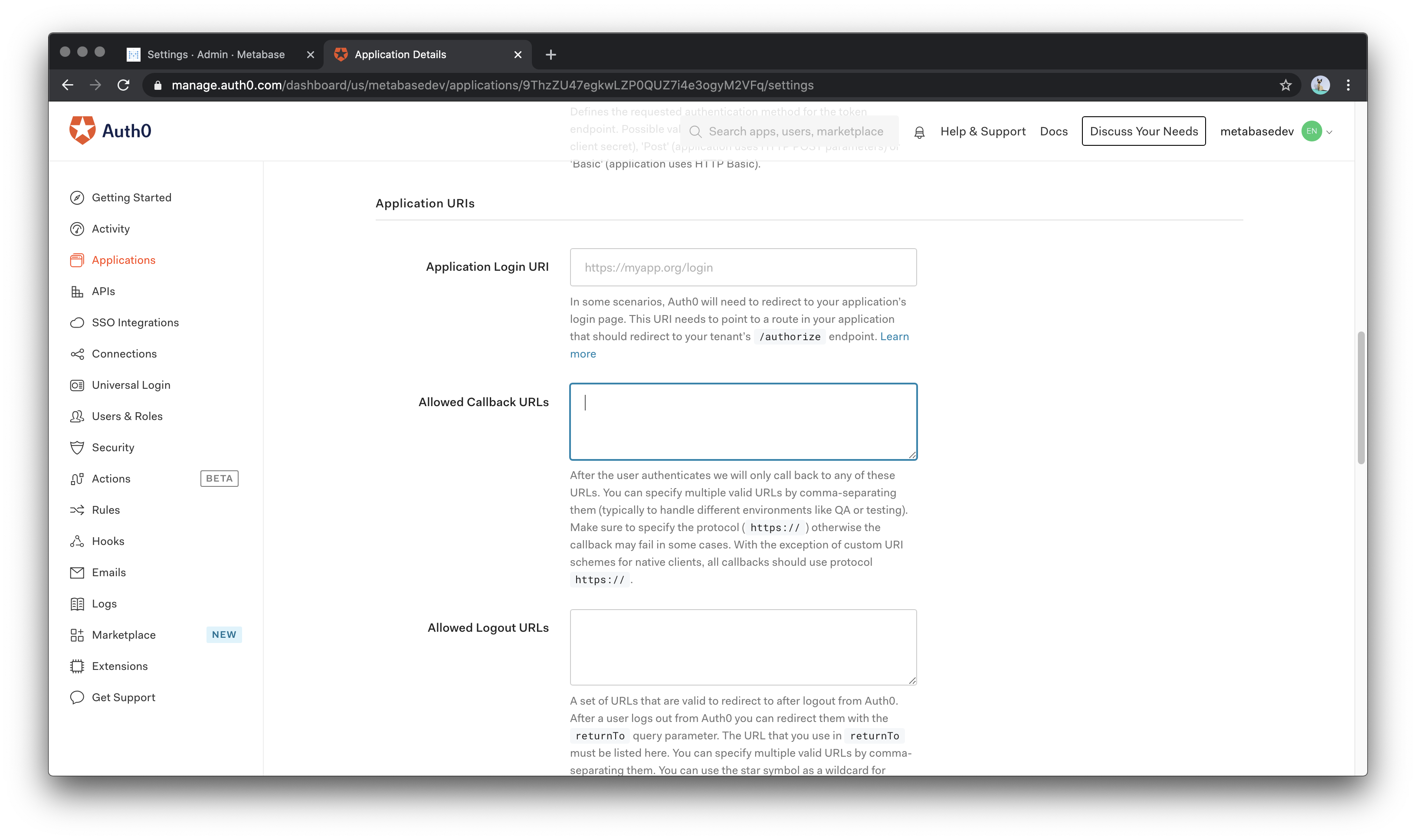Auth0 SAML Settings Page