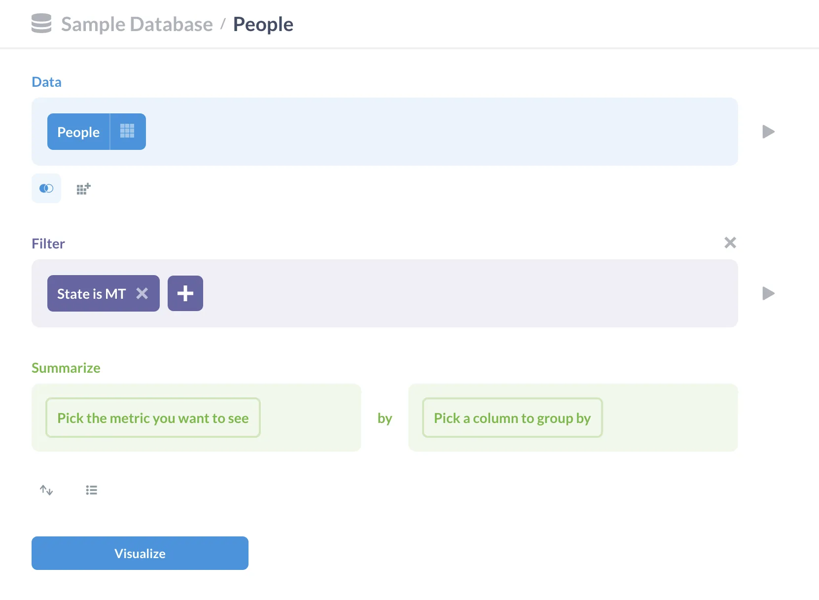 <em>Fig. 1</em>. A predicate expression (or filter) in Metabase's query builder that will return only records where the <strong>State</strong> field equals Montana (MT).