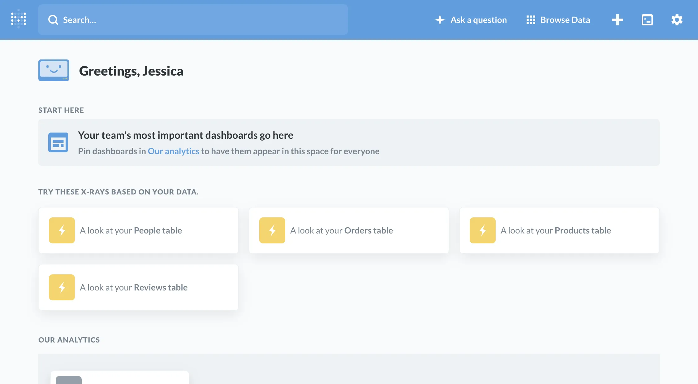 <em>Fig. 1</em>. The clean, classic home page for Metabase without any white label changes.