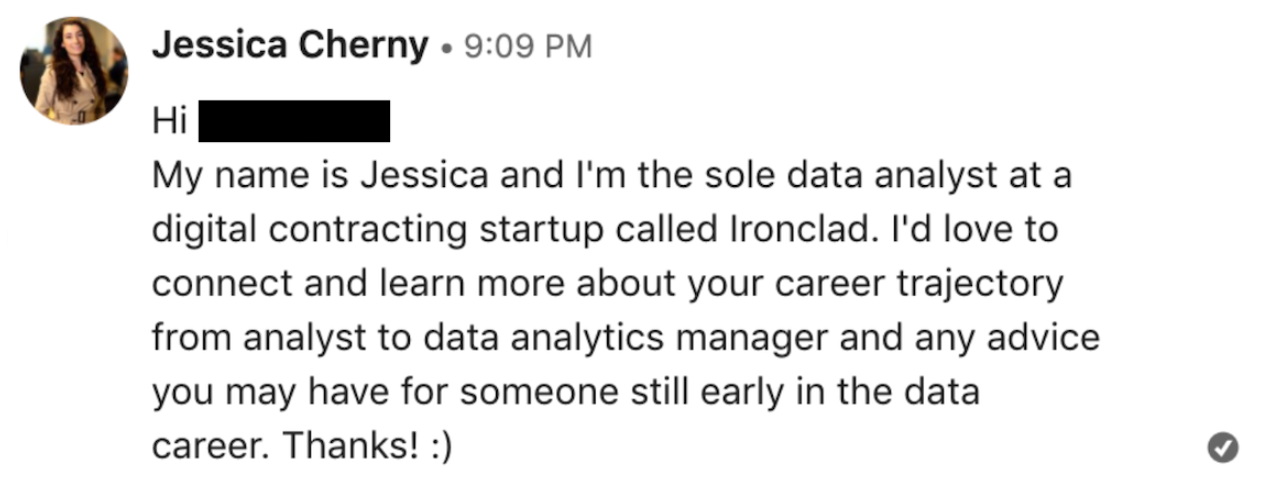 Screenshot of a Jessica's message to people in the data industry