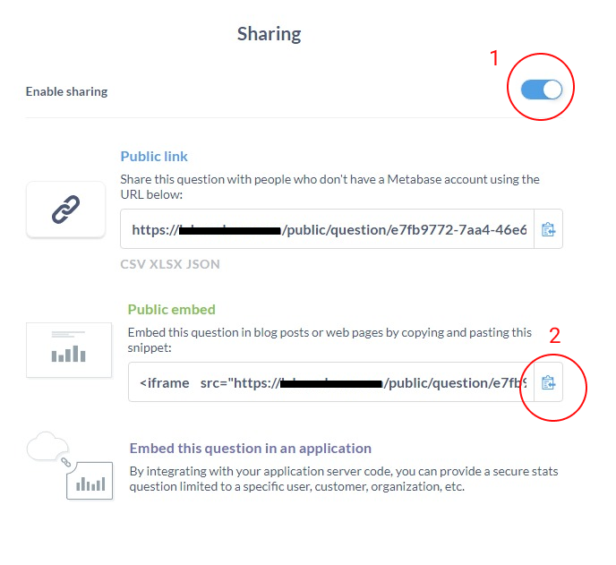 Screenshot of enabling sharing option in Metabase