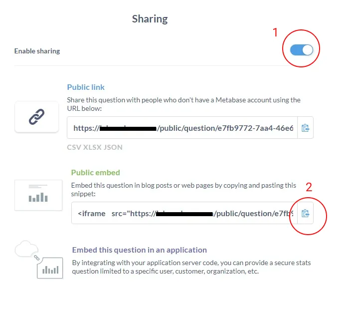 Screenshot of enabling sharing option in Metabase