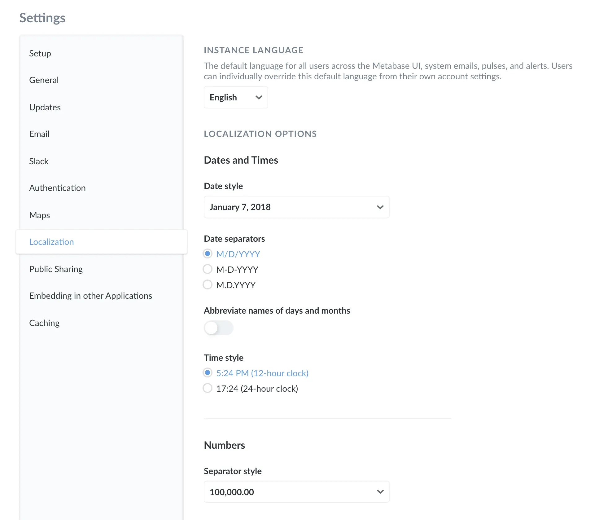 Localization settings in the Settings tab.