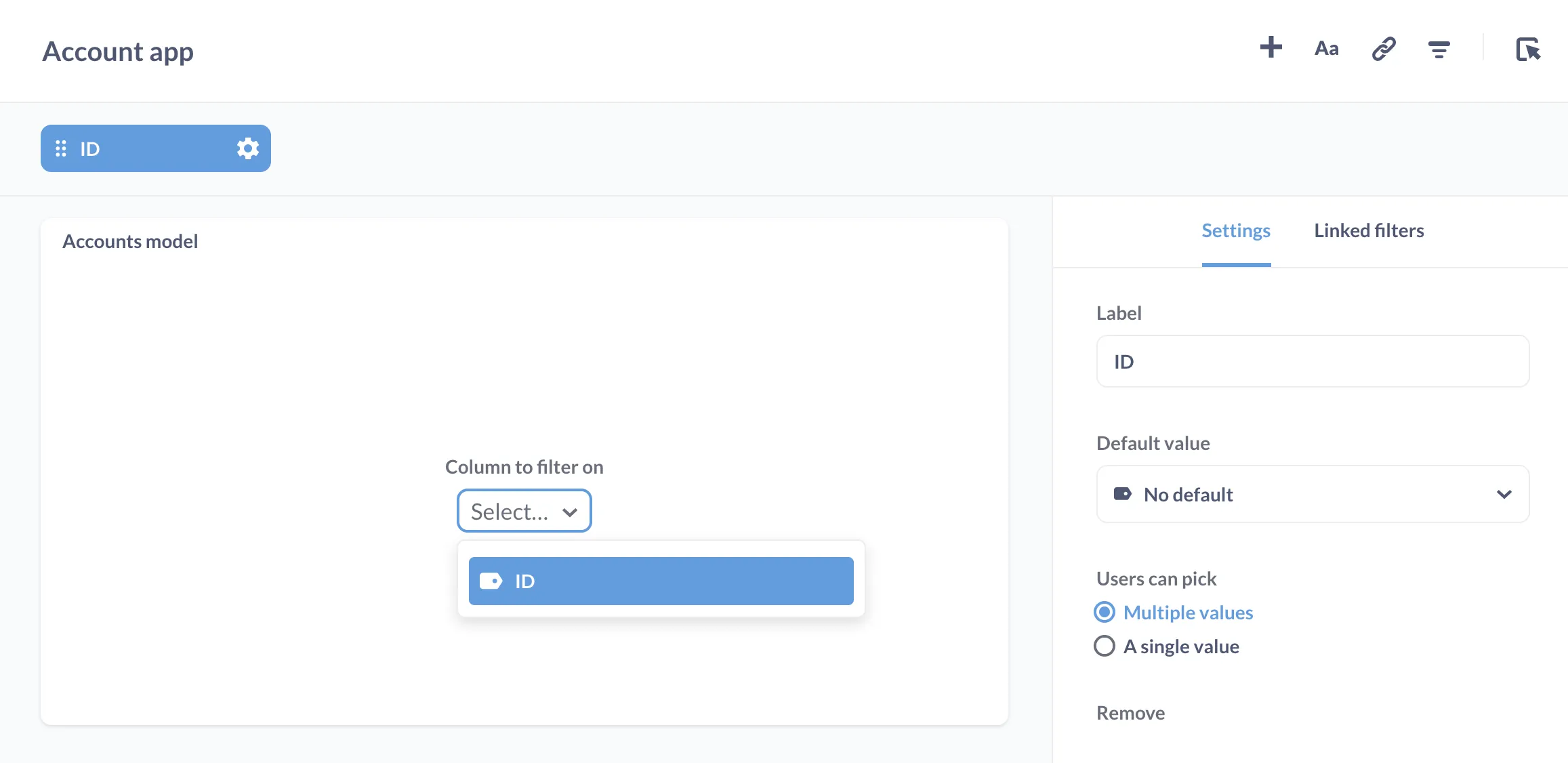 Connecting an ID filter to the ID field in the model card.