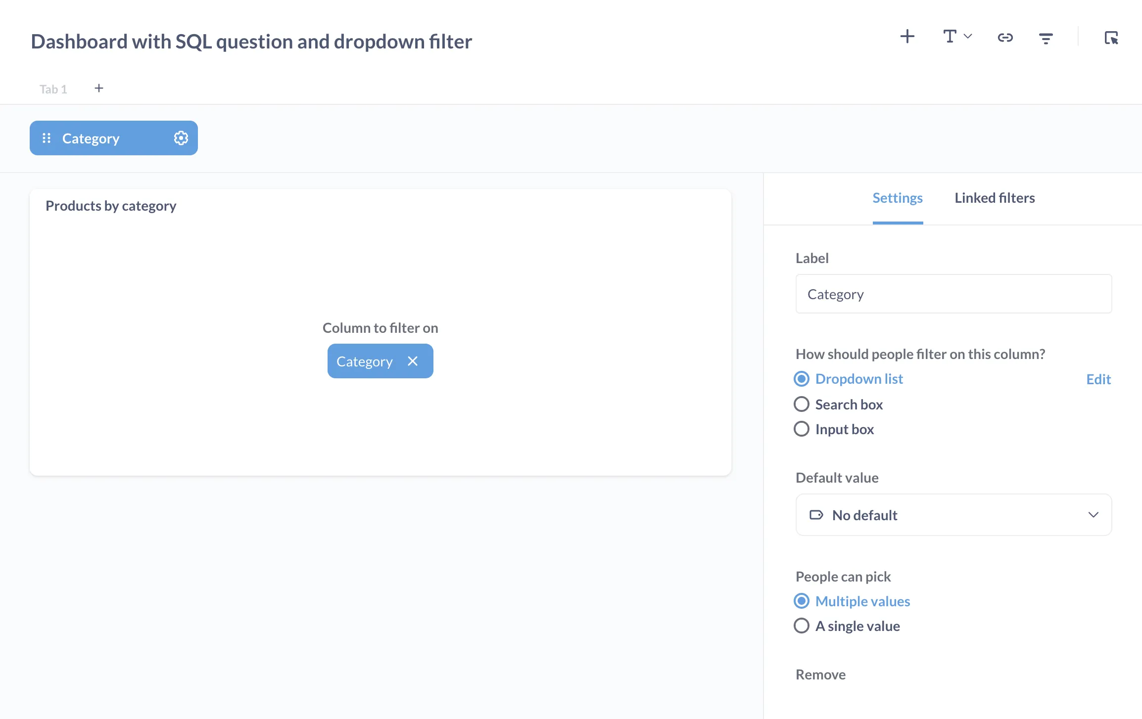 Setting up a dropdown dashboard filter connected to a field filter variable in a SQL question.