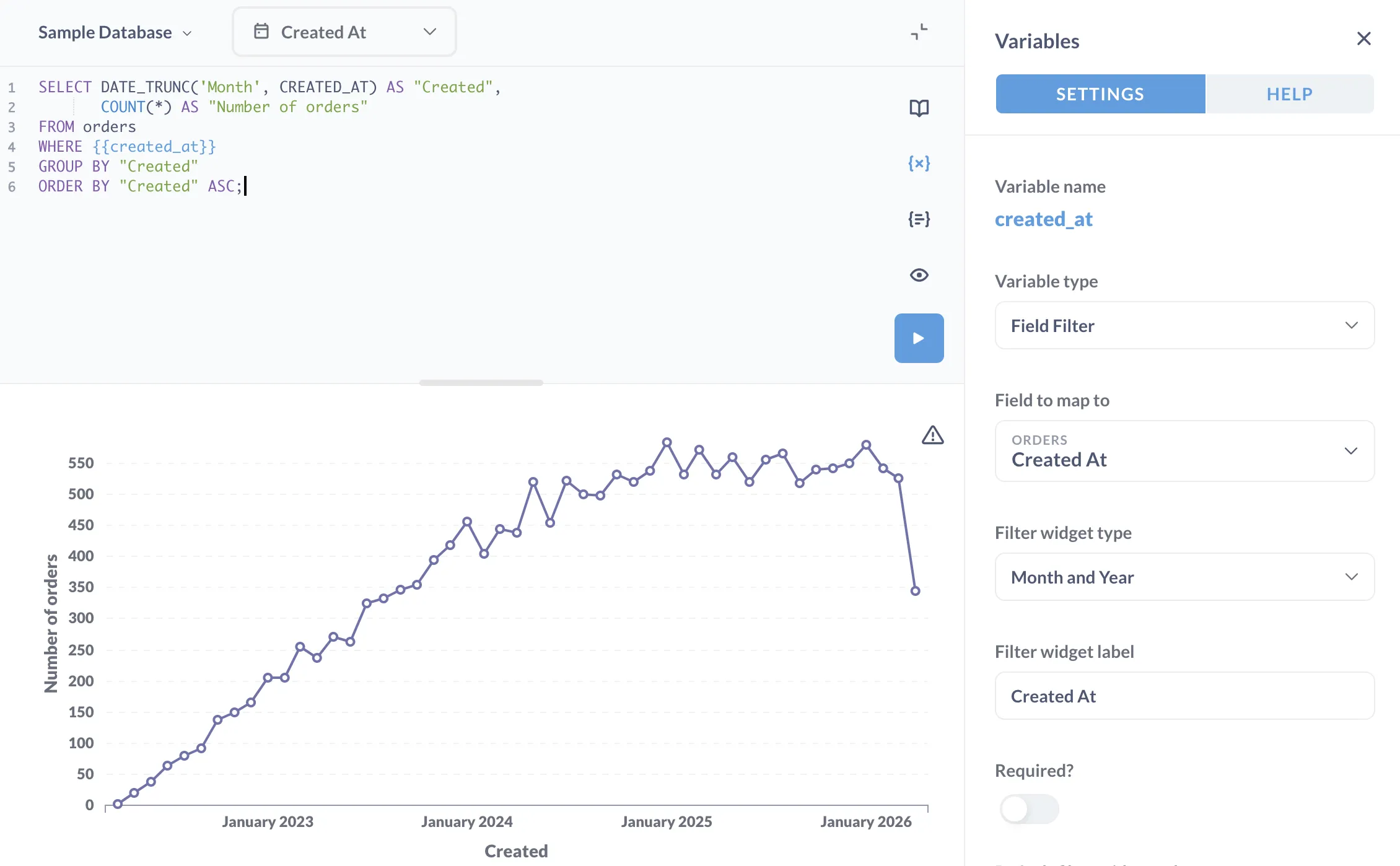 Setting the variable type for our SQL variable created_at to Field Filter, then setting the Field to map to option to the created_at field (column) of the orders table.