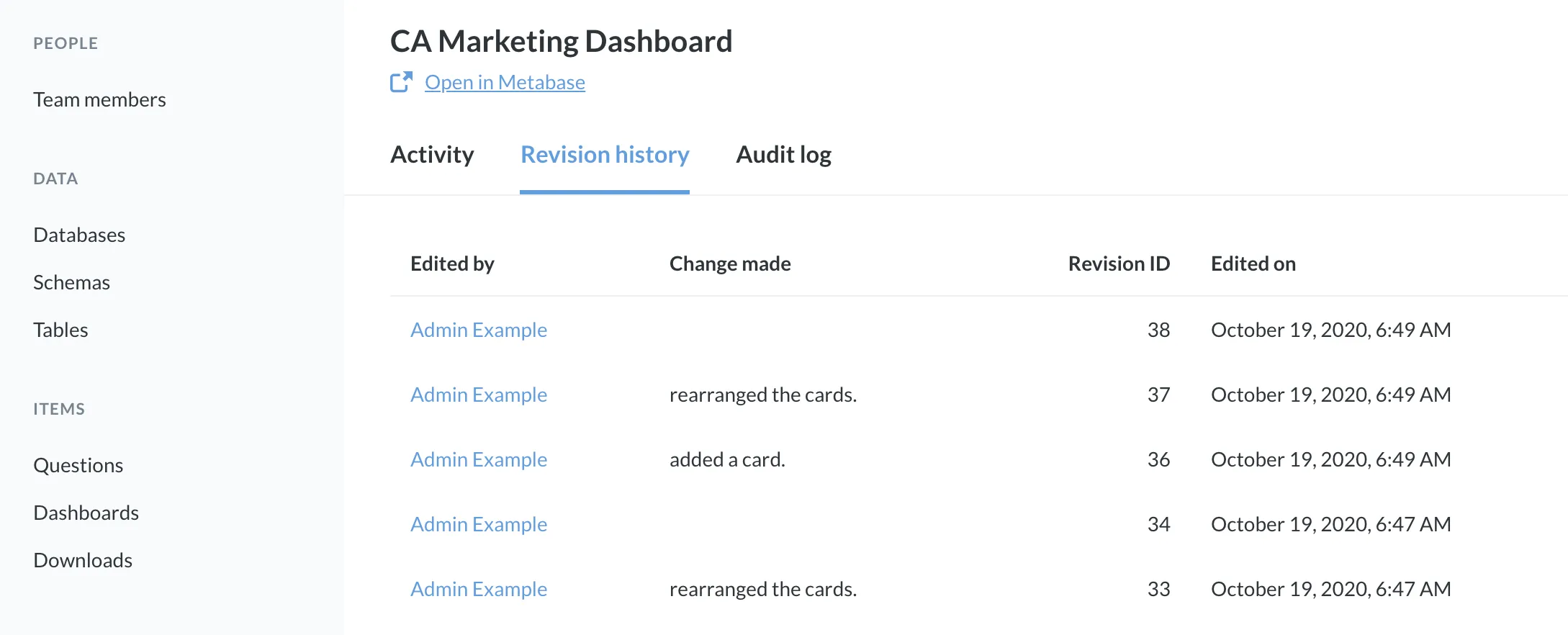 The Revision History tab for the CA Marketing Dashboard.