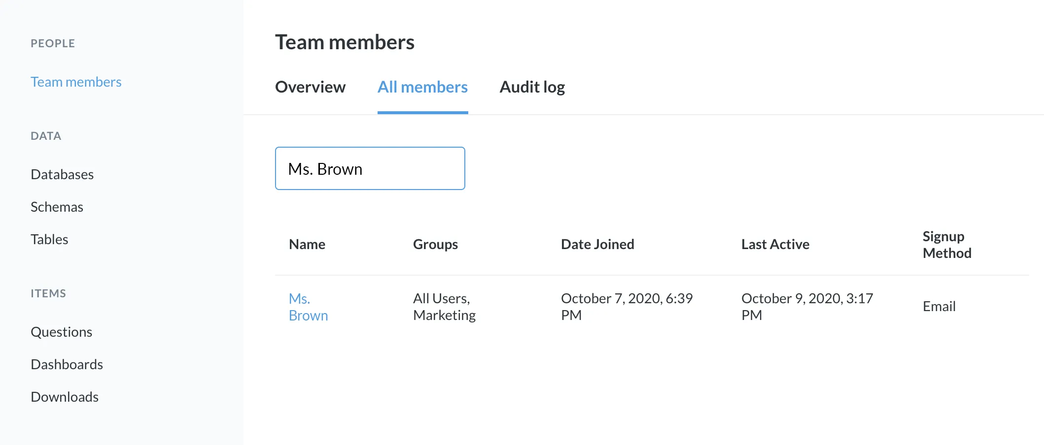 <em>Fig. 5</em>. Ms. Green user appearing as the only result for the 'Mr. Brown' search.