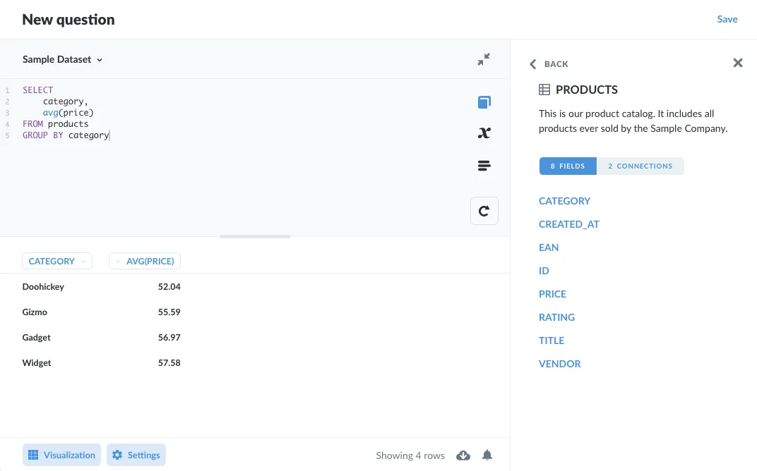 Use the Data Reference sidebar to view a table