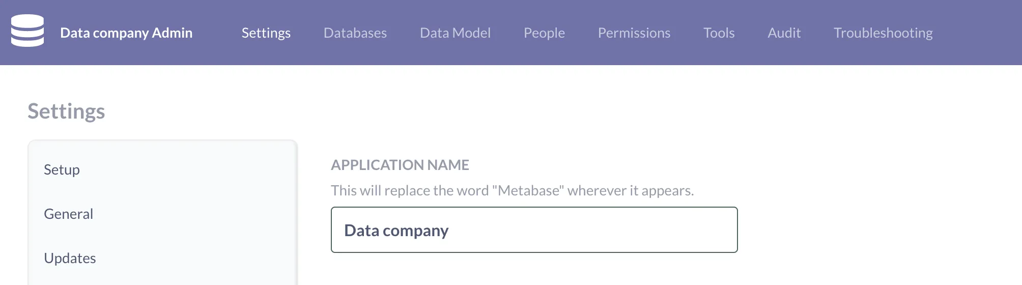 The white label settings page with the application renamed to Data company.