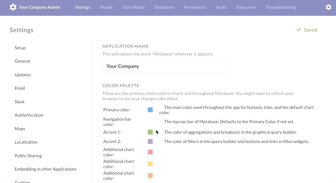Figure 4. Editing the color palette settings and navigating back to the Metabase home page to demonstrate the changes.