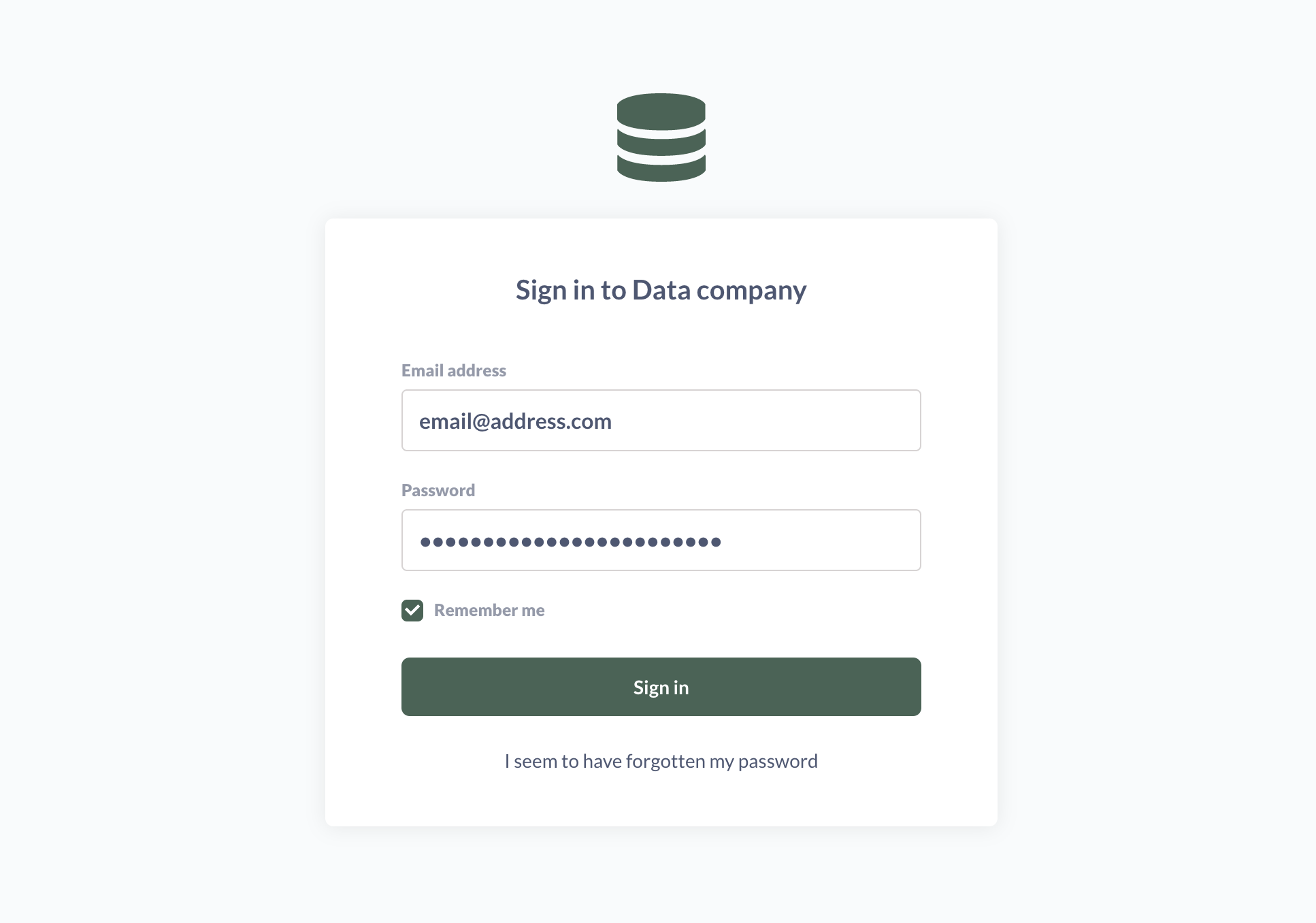 Sign-in page with brand colors and logo applied for the Data company
