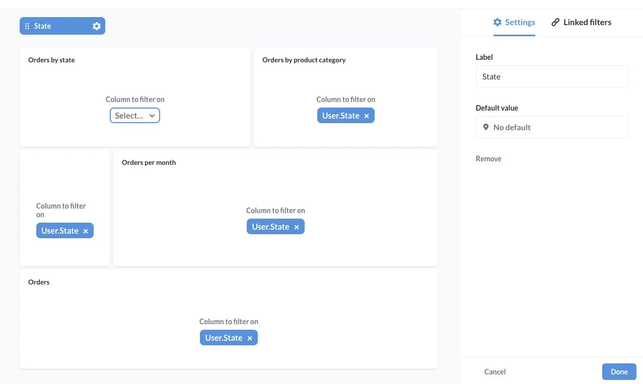 Connect each card to the State filter <em>except</em> the Orders by State card, as we want to use the state map to update the State filter.