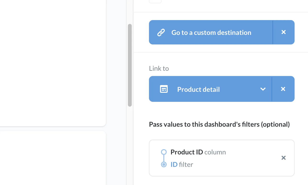 <em>Fig. 12.</em> Summary of the click behavior we've set up: Go to a custom destination, which we're set to be the Product detail dashboard, and pass the value from the <strong>Product ID</strong> column to the ID filter on the Product detail dashboard.