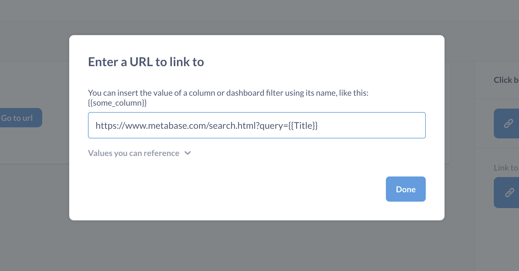 Modal for entering a custom URL. You can use double braces to enclose parameters.