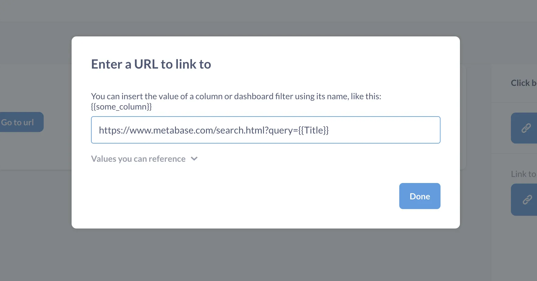 Modal for entering a custom URL. You can use double braces to enclose parameters.