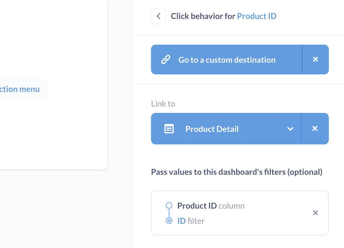 <em>Fig. 8</em>. Summary of the click behavior we've set up: Go to a custom destination, which we're set to be the Product Detail dashboard, and pass the value from the <strong>Product ID</strong> column to the ID filter on the Product detail dashboard.