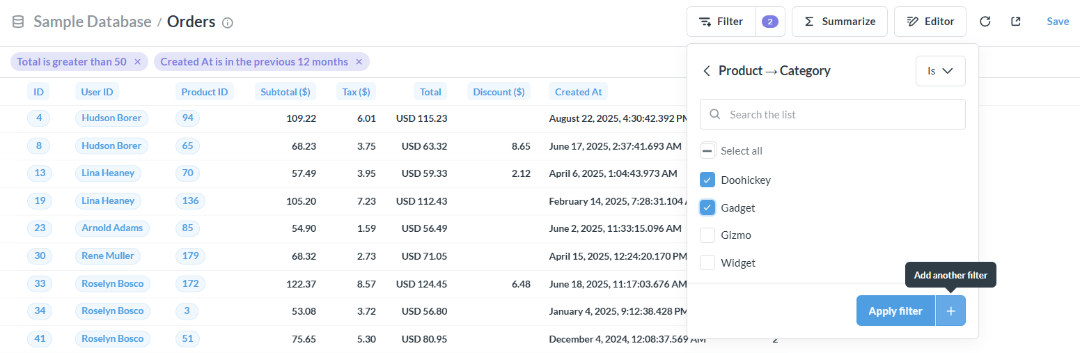 Click the plus button to add another filter before running the query
