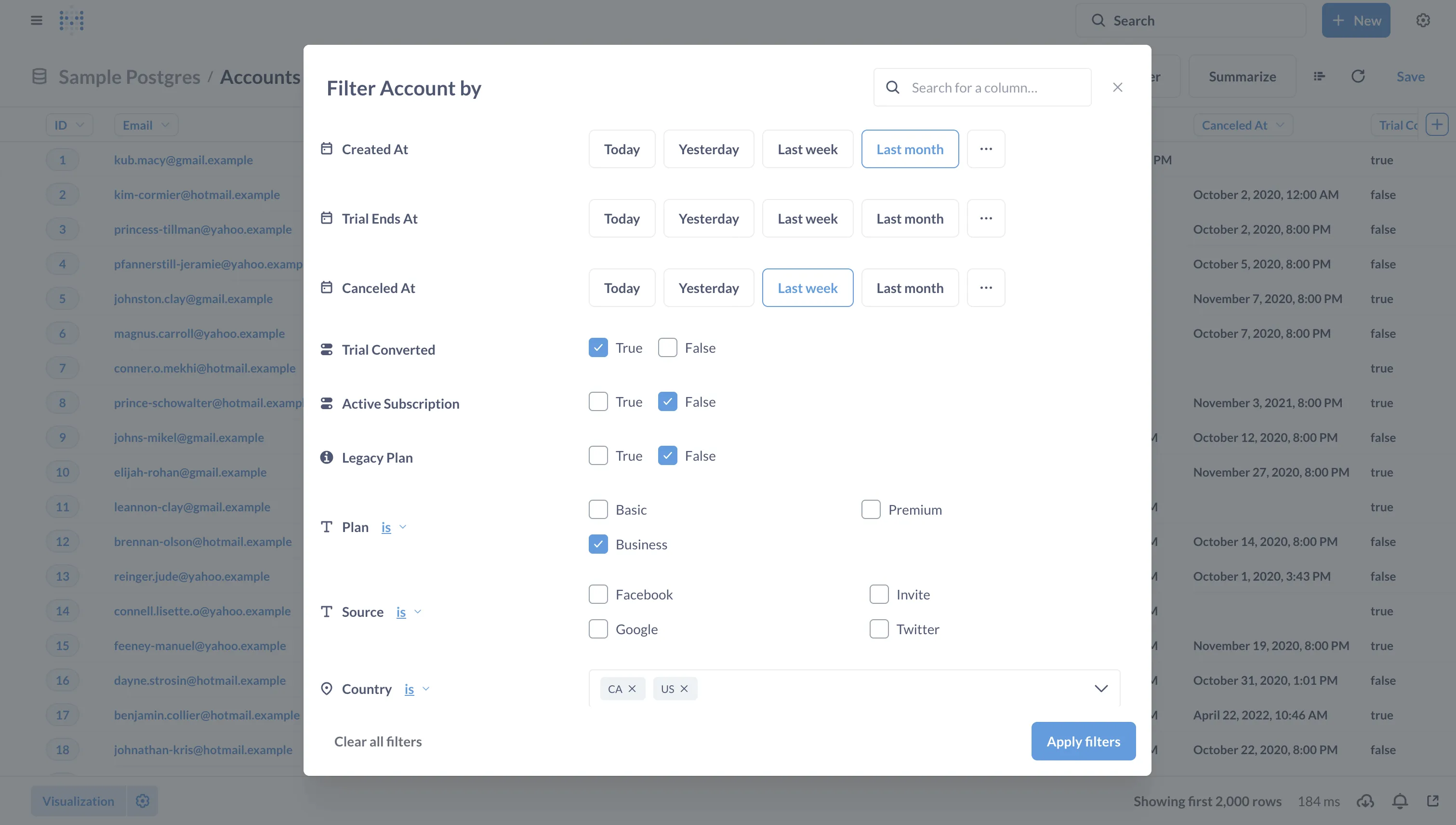 Filter modal