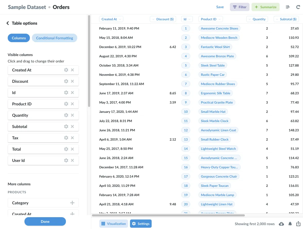 Orders table with the Settings sidebar open to the Table options section. You can add, remove, and edit columns, including More columns from tables that Metabase can automatically join to the Orders table.