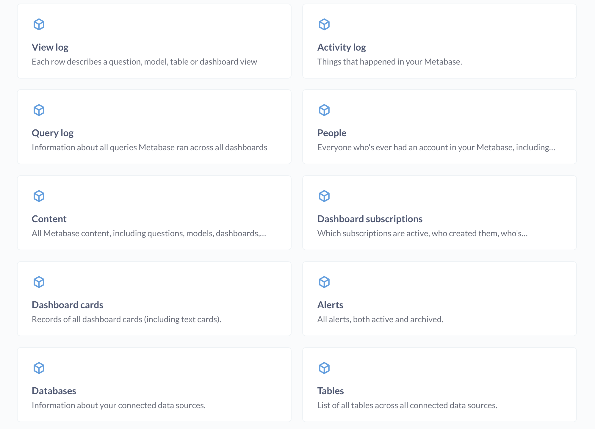 Some models with usage analytics in the Metabase analytics collection