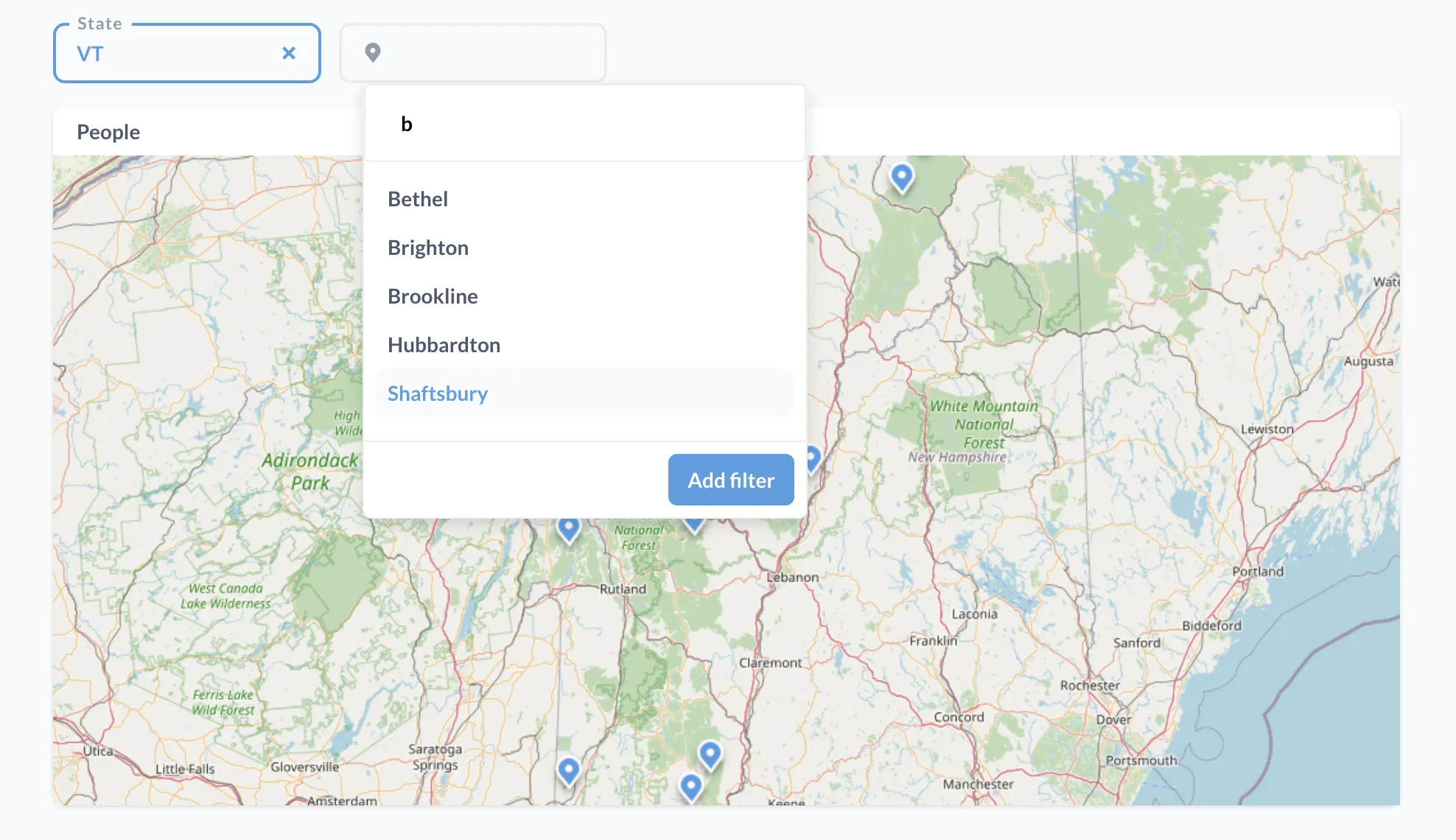 Linked filters: the City filter knows to limit its choices based on the linked State filter