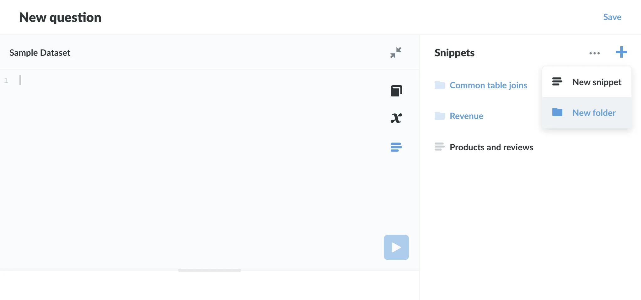 Creating a snippet folder in Metabase Enterprise Edition.