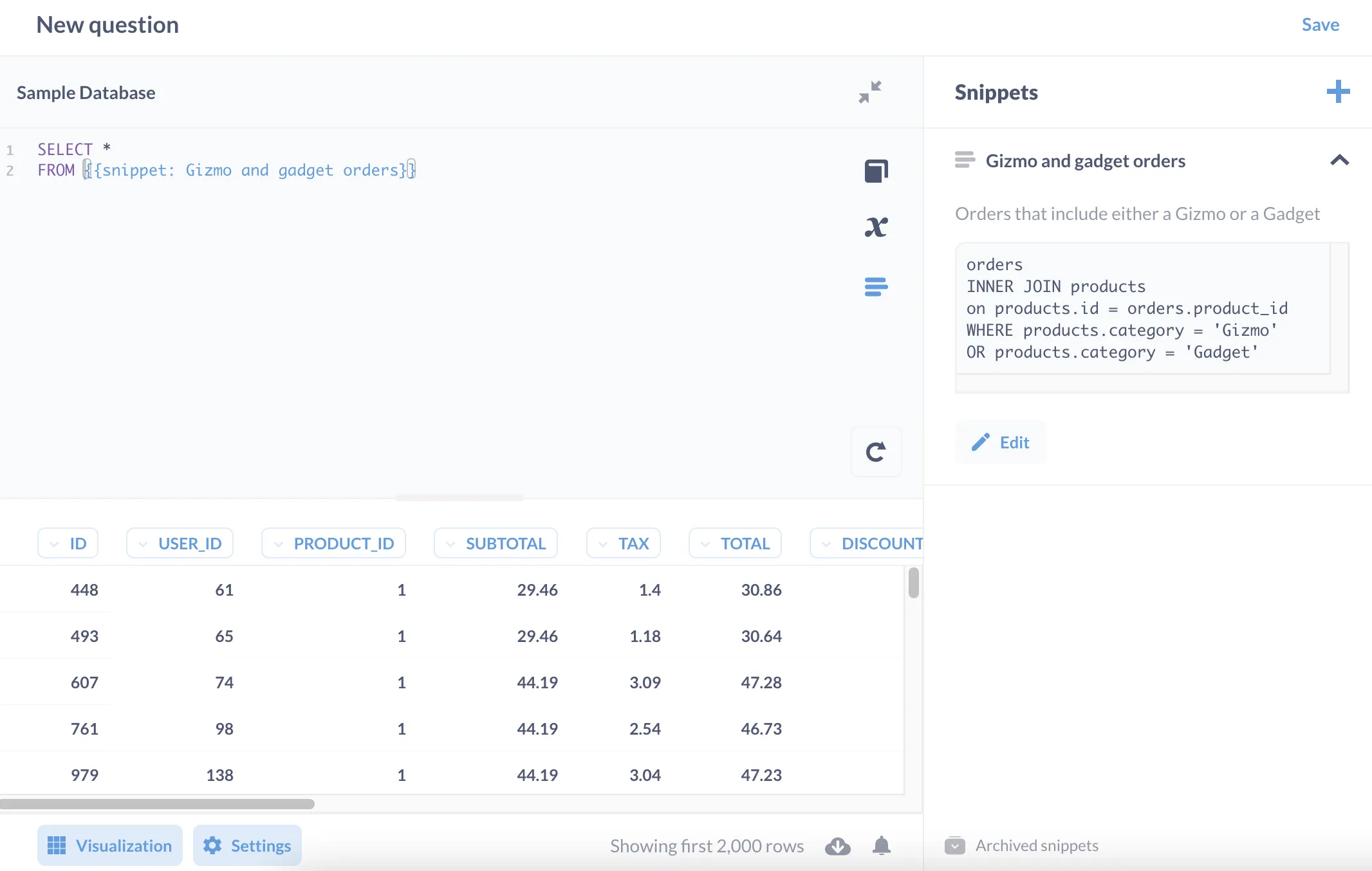 Capture and share important SQL code using Snippets.