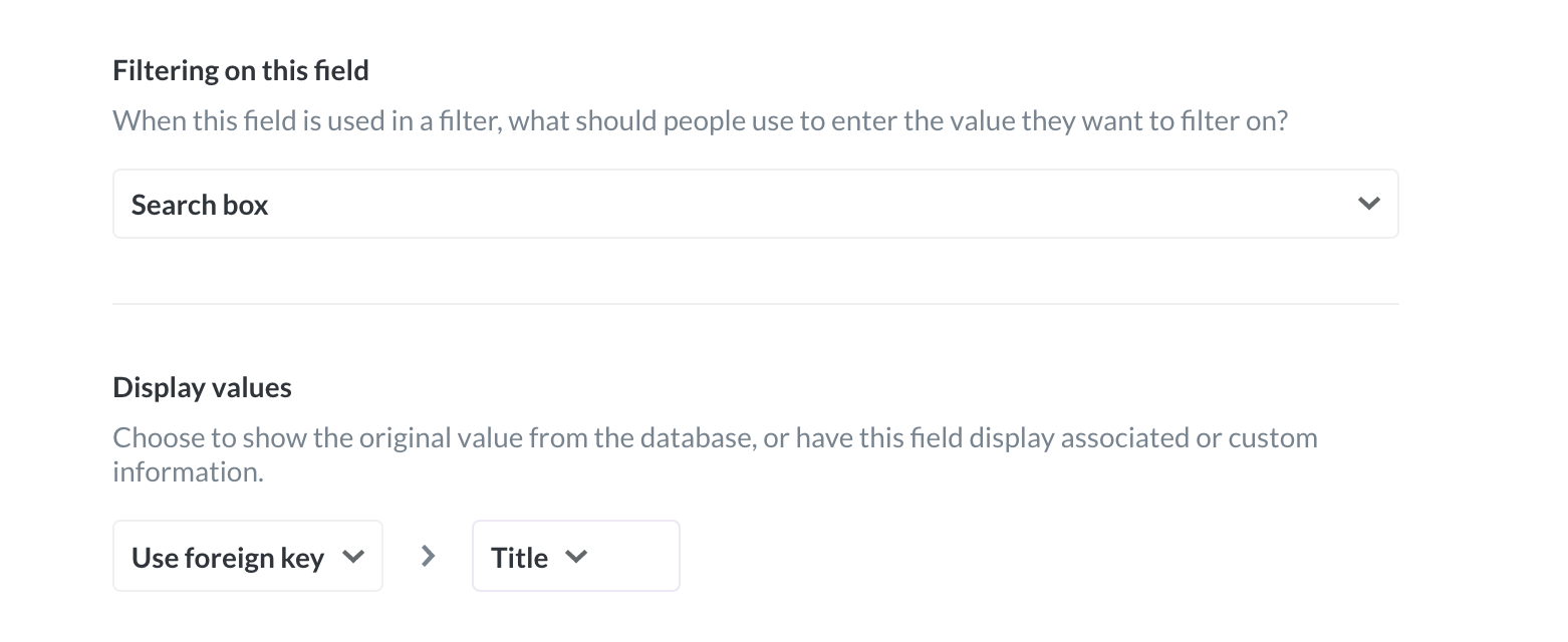 In the data model for the Product_ID field in the Reviews table, the admin has saved the Filtering on this field settings as Search box and the Display values as Title.