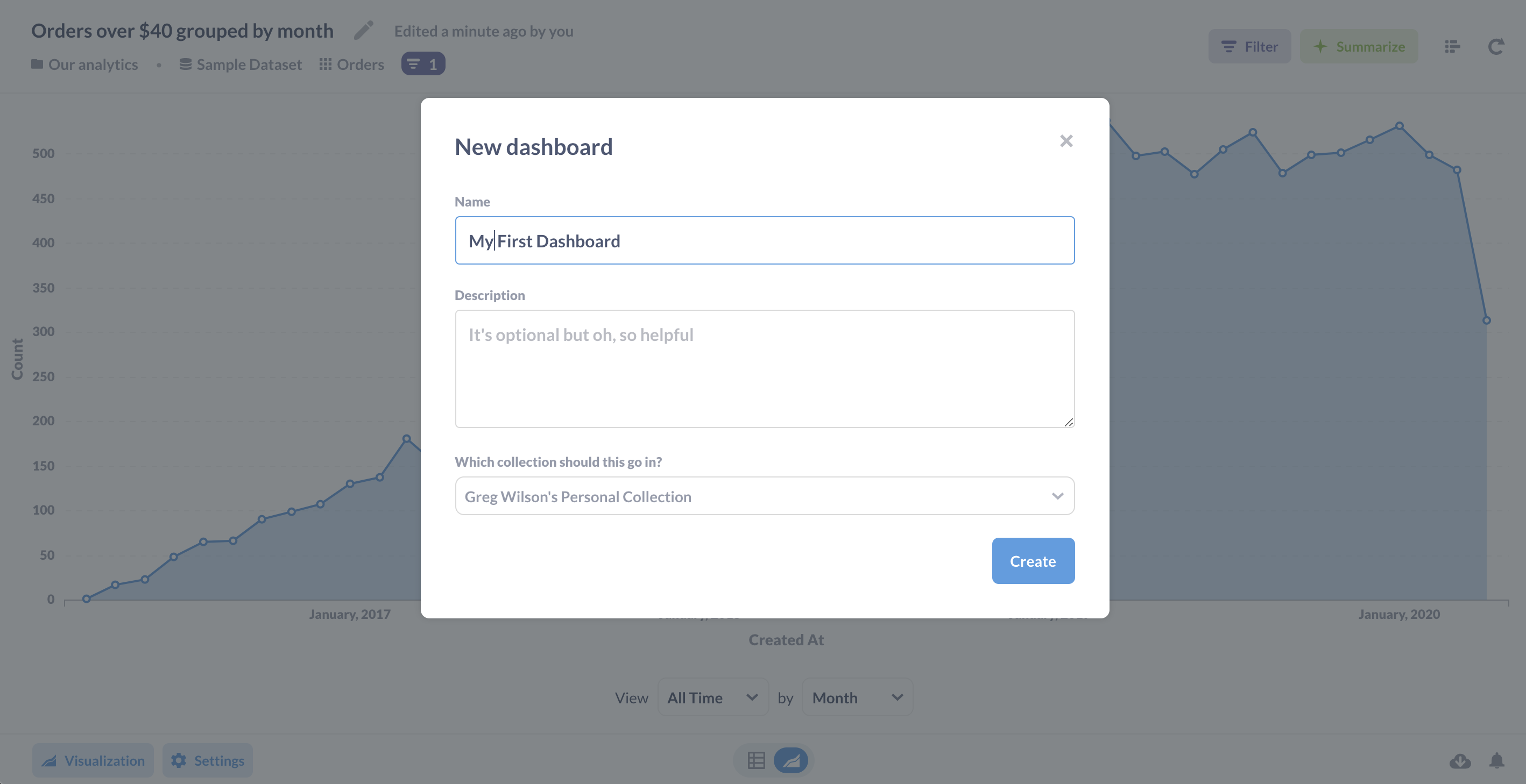 When you save a question, you can create a new dashboard to add it to.