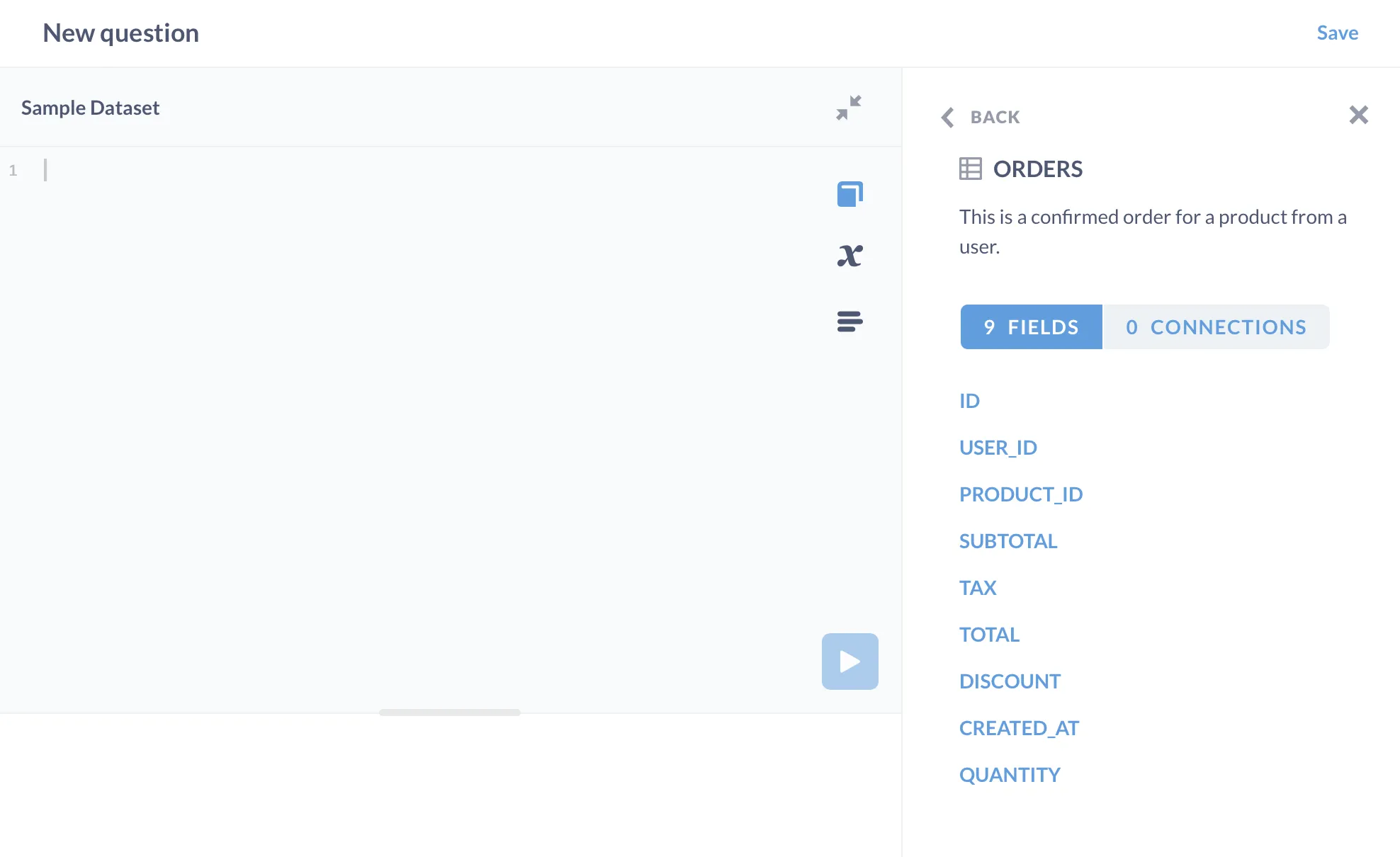 The Data Reference sidebar in the SQL editor shows info about tables and fields in your database.