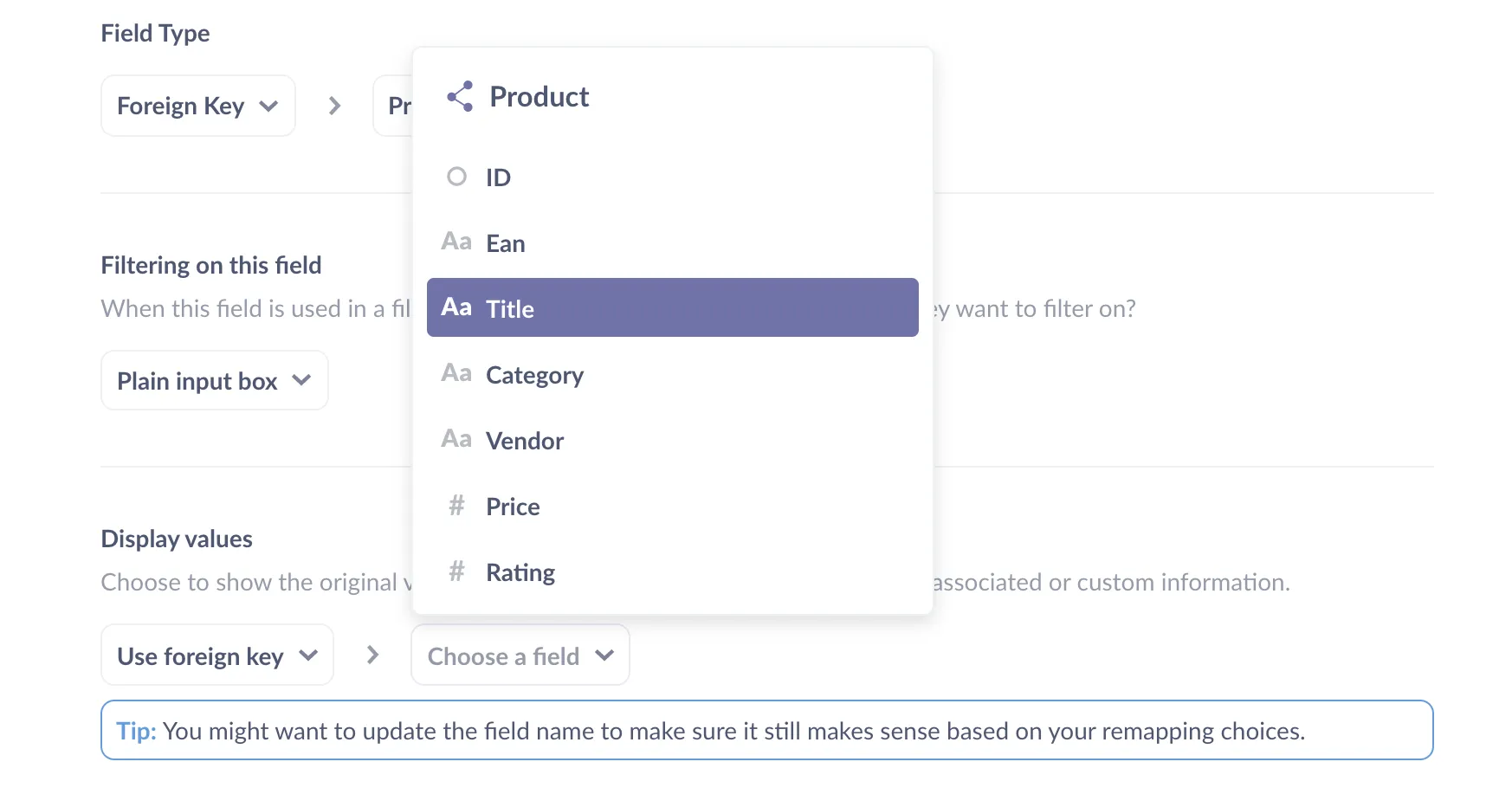 Setting Metabase to display the Product Title instead of the Product ID in the Orders table.