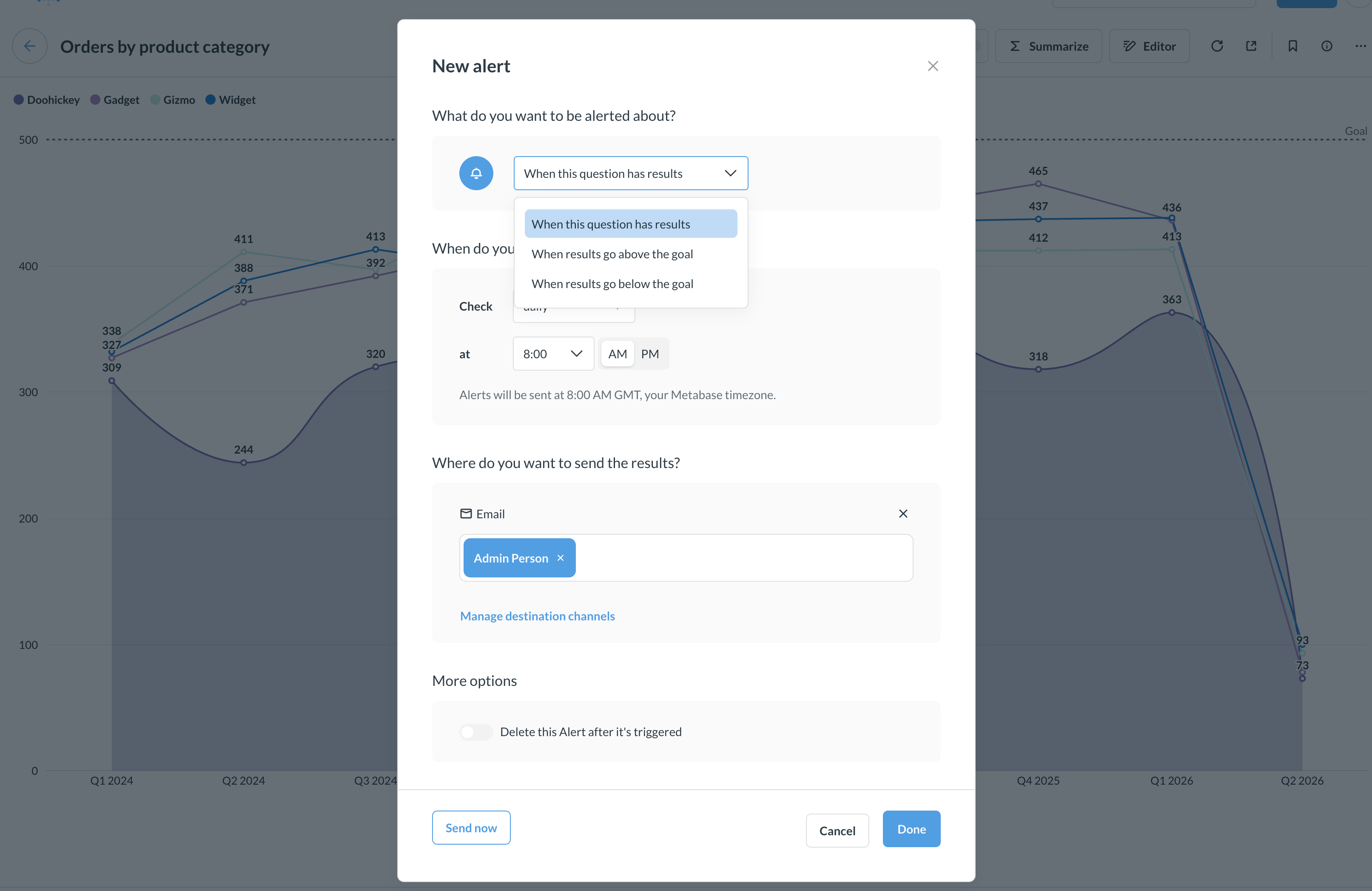 Set up an alert to email, Slack, or a webhook