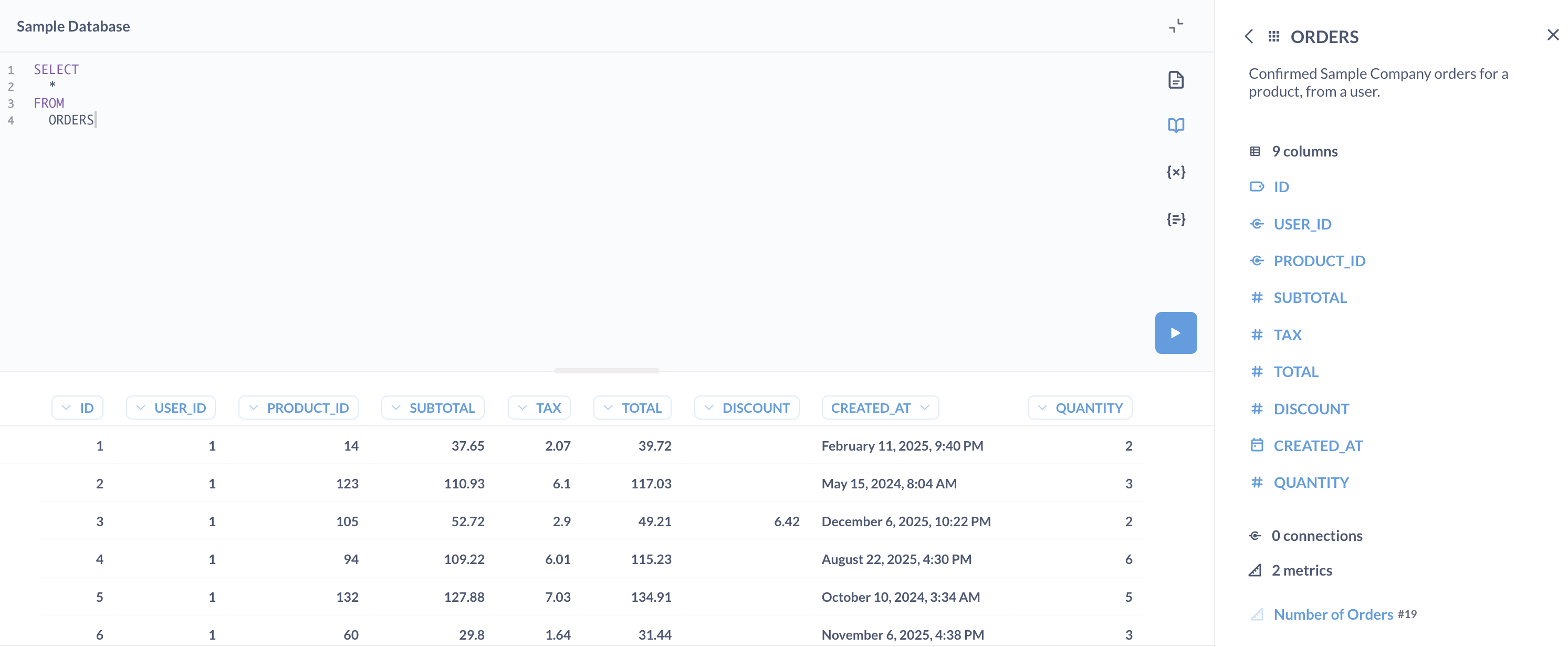 A handy data reference tab shows information about your tables in the sidebar.