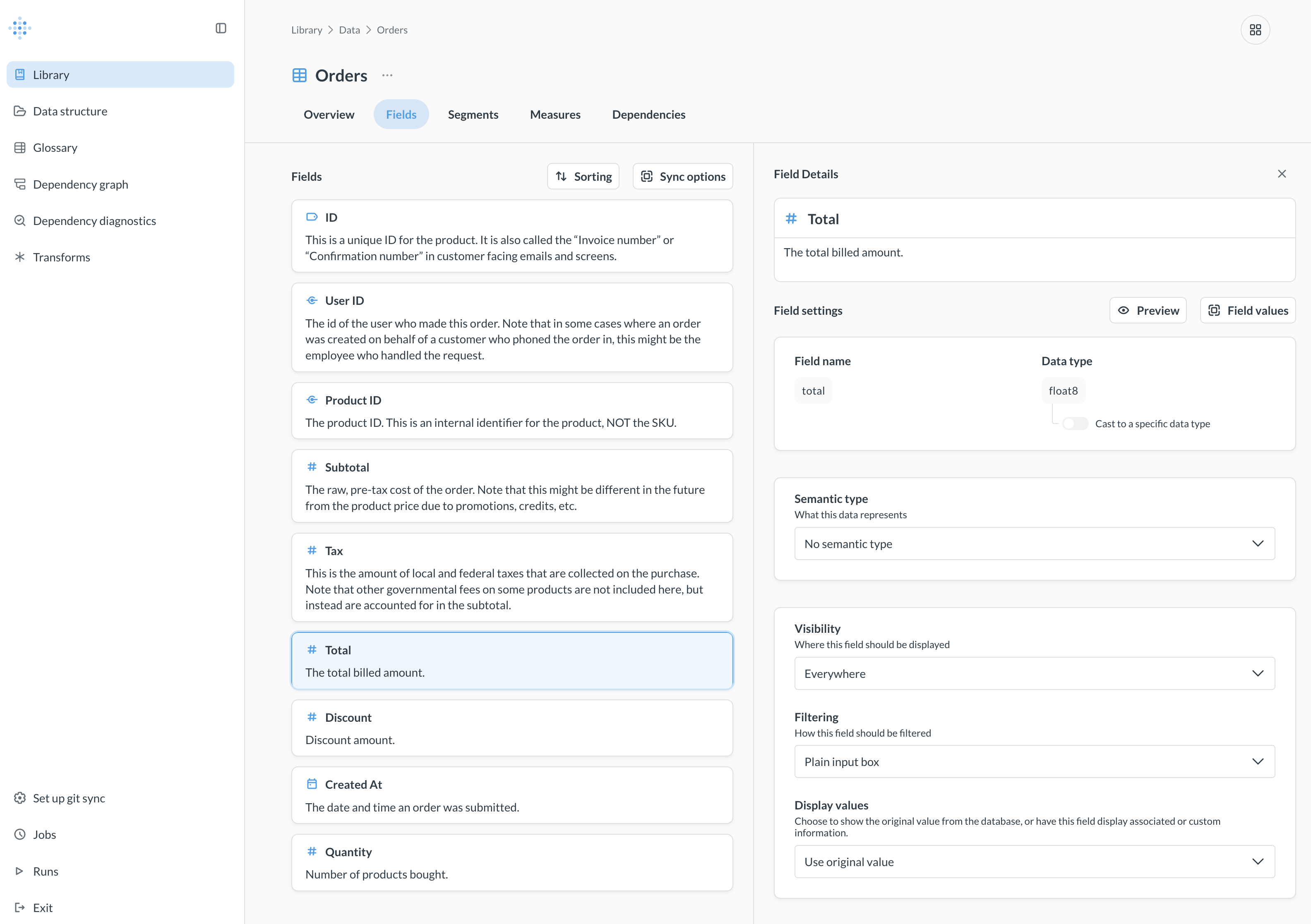 The Library shows published tables and metrics.