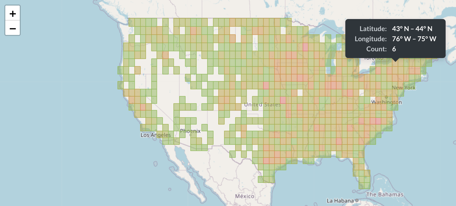 <em>Fig. 7</em>. Map of USA exemplifying a grid map with a bin size of 1 degree. The red areas indicate a greater concentration of data points.